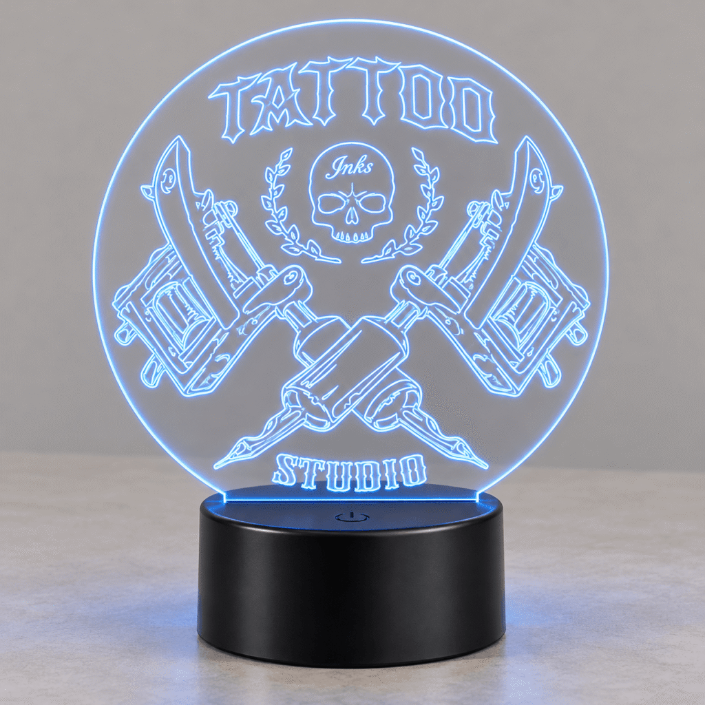 Lámpara LED Tattoo de metacrilato con luz azul y base negra, encendida de día