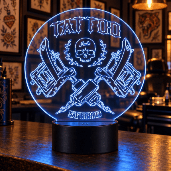 Lámpara LED Tattoo con luz azul sobre un mostrador en un estudio de tatuajes de noche