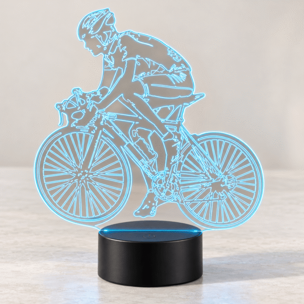 Lámpara LED Bicicleta con ciclista, luz azul y base negra, encendida de día