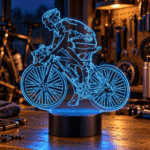 Lámpara LED Bicicleta iluminada en azul sobre un banco de trabajo en un taller de bicicletas de noche