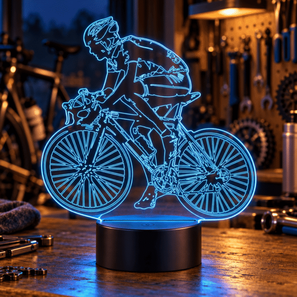 Lámpara LED Bicicleta iluminada en azul sobre un banco de trabajo en un taller de bicicletas de noche