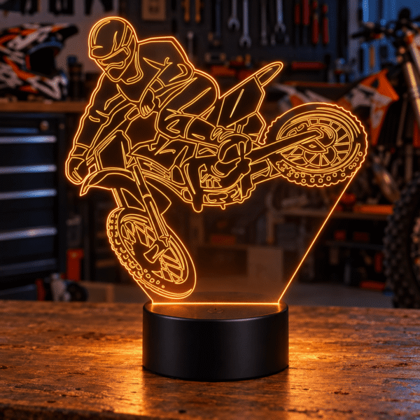 Lámpara LED Motocross iluminada en naranja sobre un banco de trabajo en un taller de motos